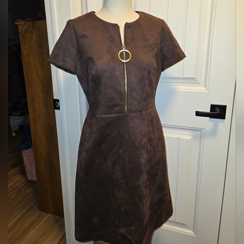 Calvin Klein Faux Suede O Ring A Line Midi Dress Womens Size 6 Chocolate Brown